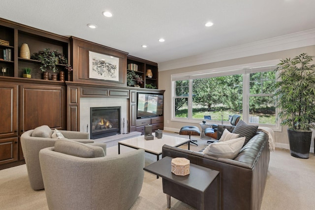 living room featuring recessed lighting, crown molding, light carpet, baseboards, and a tile fireplace