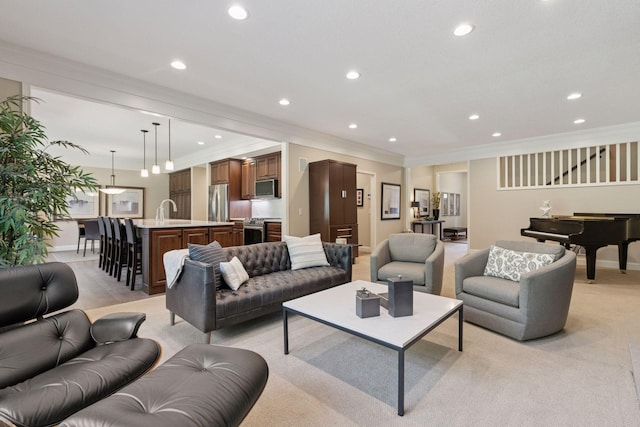 living area with billiards, crown molding, baseboards, and recessed lighting