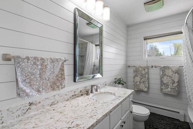 4991 337th Ave NE, Cambridge, MN 55008 - full bathroom with a baseboard radiator, wood walls, vanity, toilet, and a shower with shower curtain