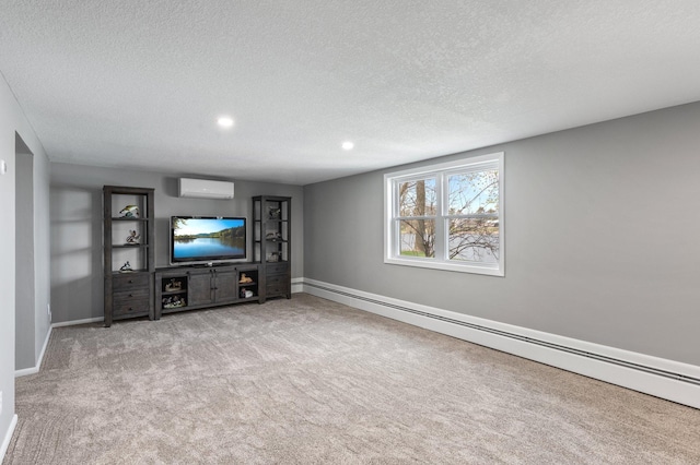 4991 337th Ave NE, Cambridge, MN 55008 - unfurnished living room with a wall mounted air conditioner, a baseboard radiator, a textured ceiling, carpet floors, and baseboards