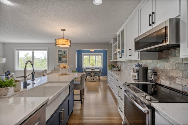 10351 Kittredge Pkwy NE, Otsego, MN 55301 - kitchen with appliances with stainless steel finishes, white cabinetry, a textured ceiling, glass insert cabinets, and blue cabinets