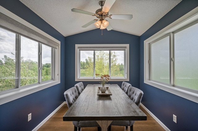 10351 Kittredge Pkwy NE, Otsego, MN 55301 - dining space featuring wood finished floors, vaulted ceiling, a ceiling fan, and a textured ceiling