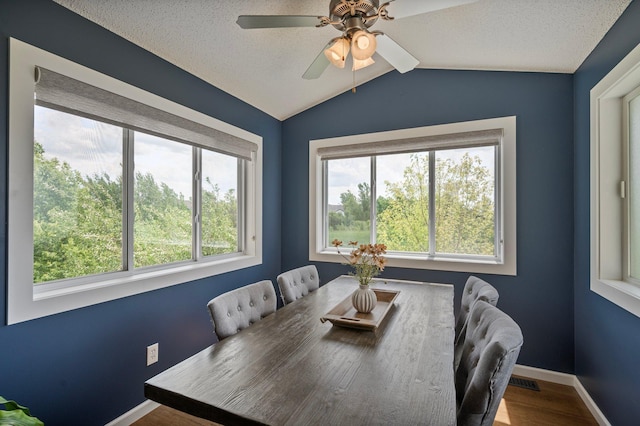 10351 Kittredge Pkwy NE, Otsego, MN 55301 - dining area featuring lofted ceiling, wood finished floors, a ceiling fan, and a textured ceiling