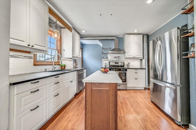 kitchen featuring decorative backsplash, wall chimney exhaust hood, white cabinetry, a sink, and appliances with stainless steel finishes