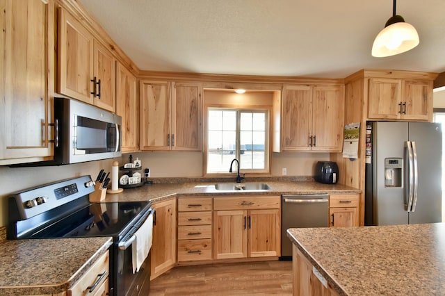 40749 Greencrest Rd, Crow River Twp, MN 56312 - kitchen featuring hanging light fixtures, a sink, light brown cabinetry, light wood-style floors, and appliances with stainless steel finishes