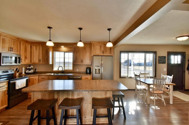 40749 Greencrest Rd, Crow River Twp, MN 56312 - kitchen featuring a sink, a breakfast bar, a kitchen island, dark wood-type flooring, and appliances with stainless steel finishes