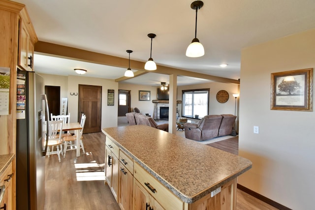 40749 Greencrest Rd, Crow River Twp, MN 56312 - kitchen with stainless steel fridge with ice dispenser, wood finished floors, and a fireplace