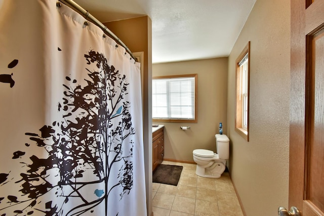 40749 Greencrest Rd, Crow River Twp, MN 56312 - full bathroom with tile patterned floors, vanity, a shower with curtain, baseboards, and toilet