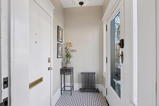 1801 Fremont Ave S Unit 101, Minneapolis, MN 55403 - foyer entrance with radiator heating unit, light flooring, baseboards, and crown molding