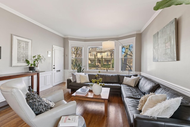 1801 Fremont Ave S Unit 101, Minneapolis, MN 55403 - living area featuring crown molding, wood finished floors, and a wainscoted wall