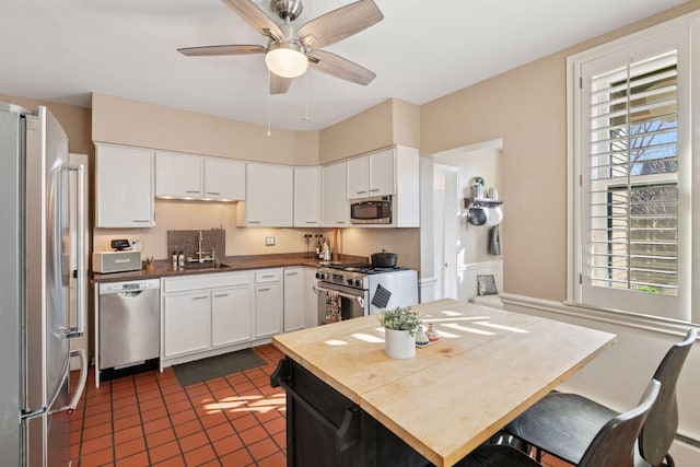 1801 Fremont Ave S Unit 101, Minneapolis, MN 55403 - kitchen featuring stainless steel appliances, plenty of natural light, ceiling fan, and white cabinetry