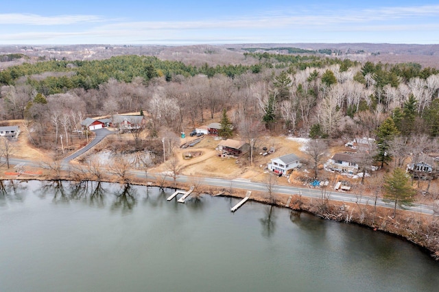 birds eye view of property featuring a view of trees and a water view