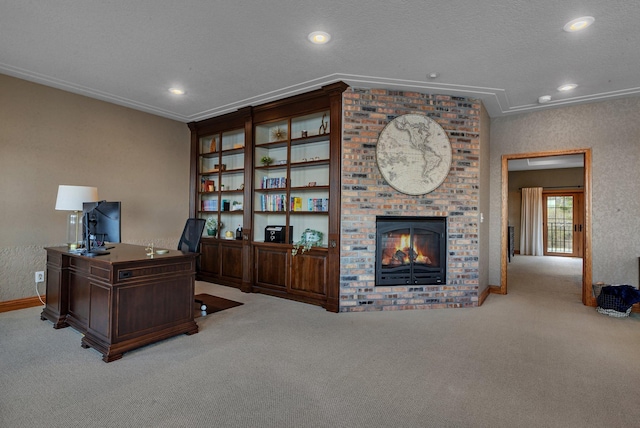 3202 Riviera Rd, Sartell, MN 56377 - office area with light colored carpet, baseboards, crown molding, and a fireplace