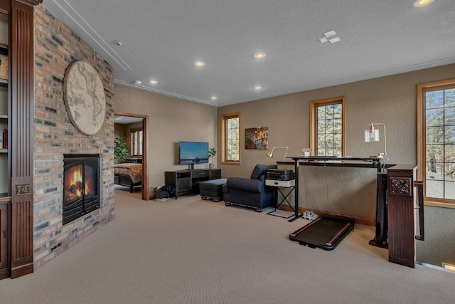 3202 Riviera Rd, Sartell, MN 56377 - living room with ornamental molding, a fireplace, carpet flooring, and recessed lighting