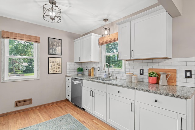7244 12th Ave S, Richfield, MN 55423 - kitchen with dishwasher, light wood-style flooring, tasteful backsplash, and light stone countertops