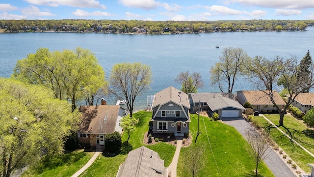 drone / aerial view featuring a water view