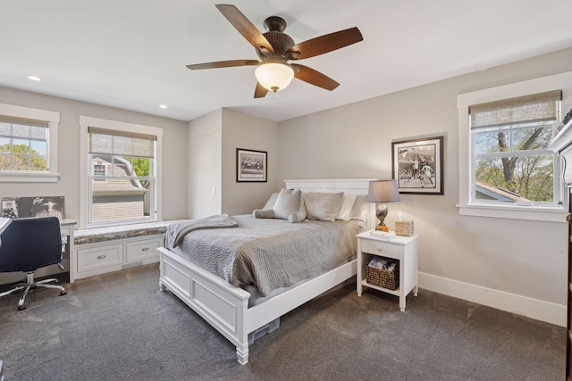 bedroom with dark colored carpet, baseboards, a ceiling fan, and recessed lighting