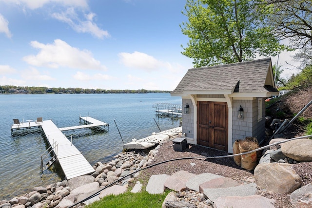 view of dock with a water view