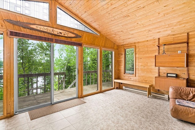 unfurnished sunroom with high vaulted ceiling, wood ceiling, wood walls, and a baseboard heating unit