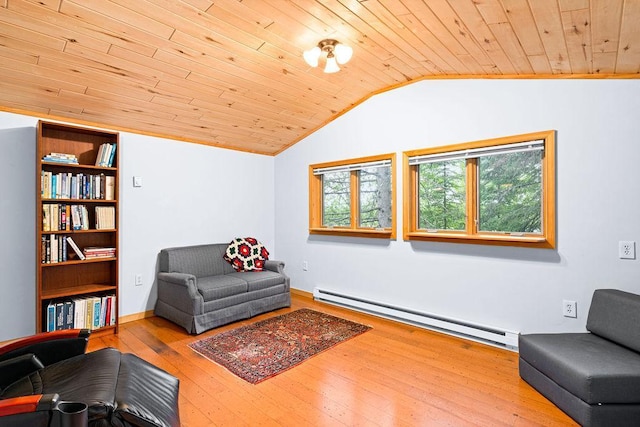 sitting room featuring vaulted ceiling, wooden ceiling, wood-type flooring, a baseboard radiator, and baseboards