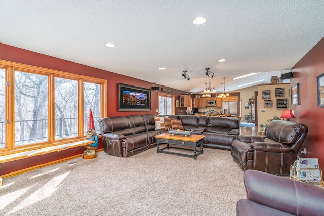 27192 237th Ave SW, Crookston Twp, MN 56716 - living room with light carpet, a textured ceiling, and recessed lighting