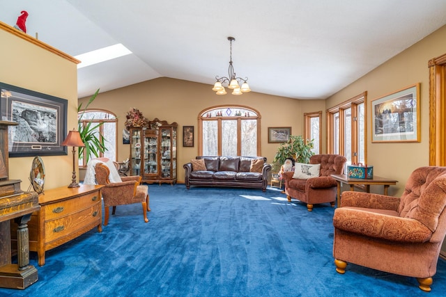 27192 237th Ave SW, Crookston Twp, MN 56716 - living room featuring healthy amount of natural light, carpet flooring, vaulted ceiling, and a chandelier
