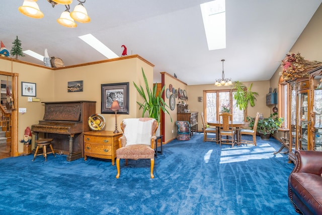 27192 237th Ave SW, Crookston Twp, MN 56716 - living area with a skylight, lofted ceiling, a chandelier, carpet floors, and stairs