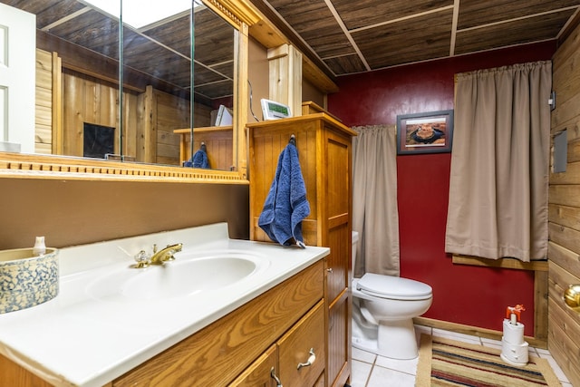 27192 237th Ave SW, Crookston Twp, MN 56716 - bathroom featuring vanity, toilet, wood ceiling, tile patterned floors, and baseboards