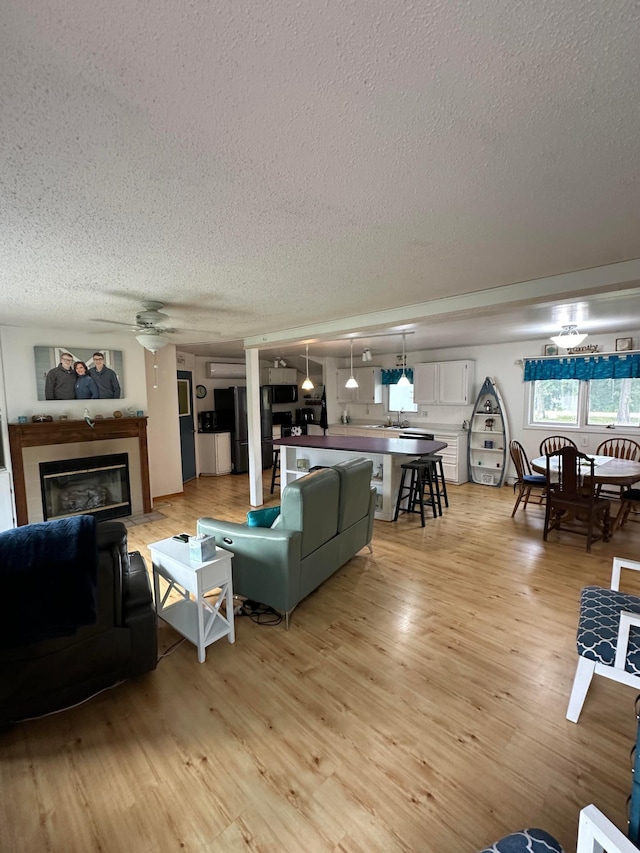 1778 Wabanica Bay Dr NW, Baudette, MN 56623 - living room featuring a fireplace with flush hearth, a textured ceiling, and light wood-style floors
