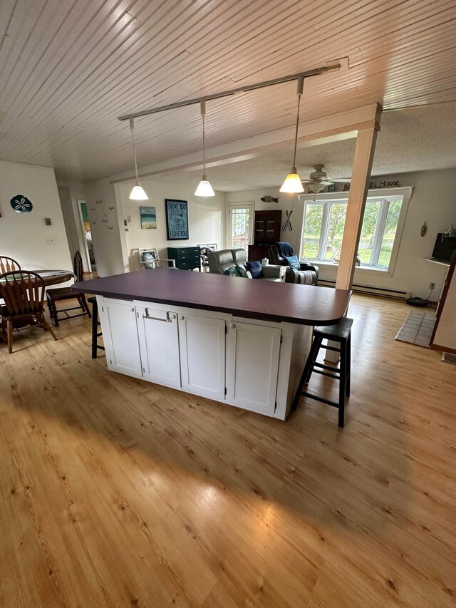 1778 Wabanica Bay Dr NW, Baudette, MN 56623 - kitchen featuring hanging light fixtures, white cabinetry, light wood-style flooring, and dark countertops