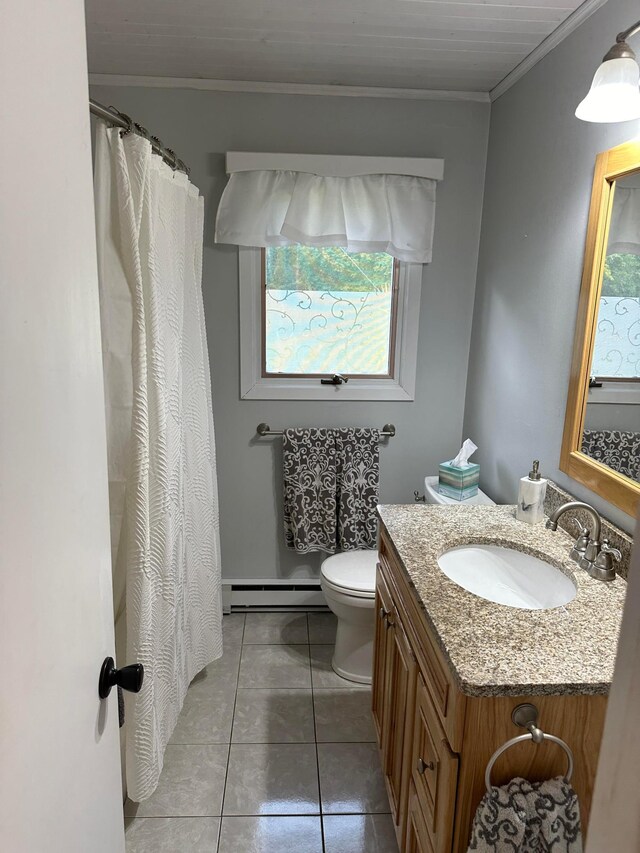 1778 Wabanica Bay Dr NW, Baudette, MN 56623 - full bathroom with vanity, crown molding, toilet, tile patterned floors, and a baseboard radiator
