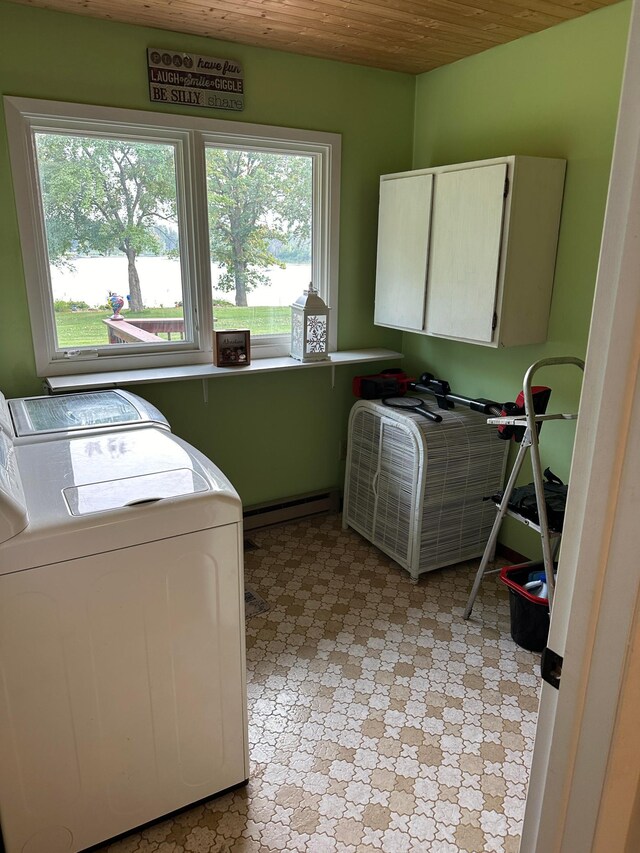 1778 Wabanica Bay Dr NW, Baudette, MN 56623 - clothes washing area with a baseboard radiator, independent washer and dryer, cabinet space, and wooden ceiling