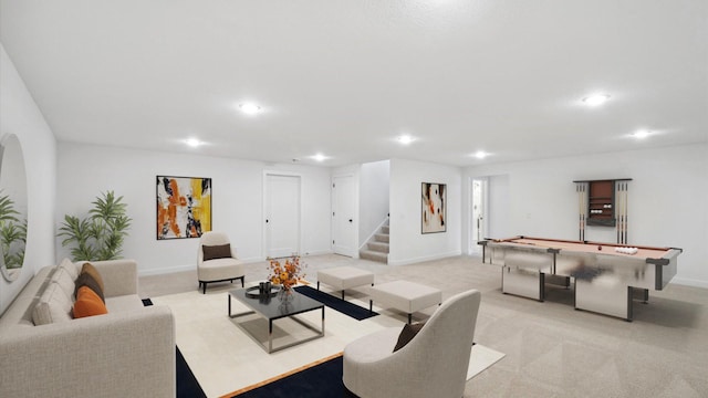 2133 Westpointe Dr, Hastings, MN 55033 - living room featuring recessed lighting, stairway, billiards table, light carpet, and baseboards