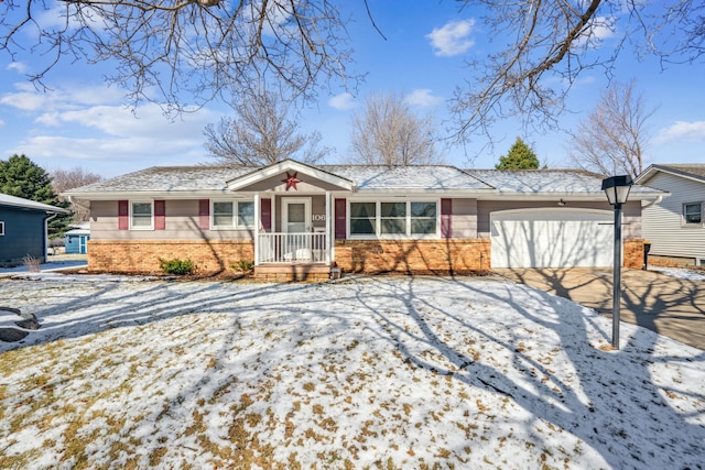 single story home with an attached garage, concrete driveway, and brick siding