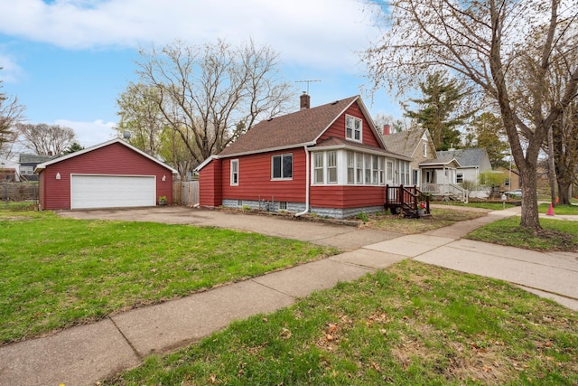 178 Mainzer St, West Saint Paul, MN 55118 - bungalow-style house with a garage, a front lawn, roof with shingles, a chimney, and an outbuilding