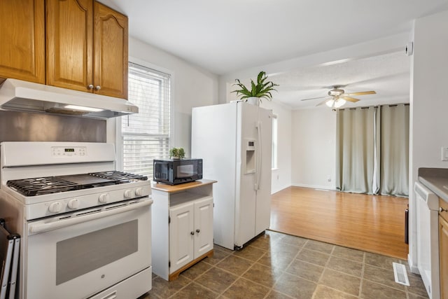 178 Mainzer St, West Saint Paul, MN 55118 - kitchen featuring light countertops, a ceiling fan, under cabinet range hood, and white appliances