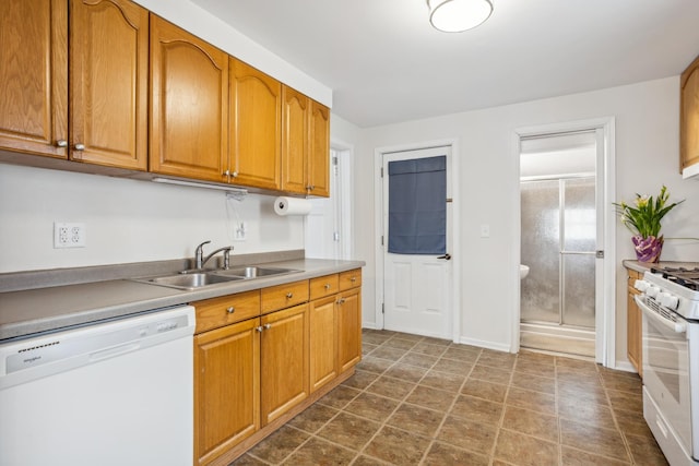 178 Mainzer St, West Saint Paul, MN 55118 - kitchen with a sink, brown cabinets, white appliances, and light countertops