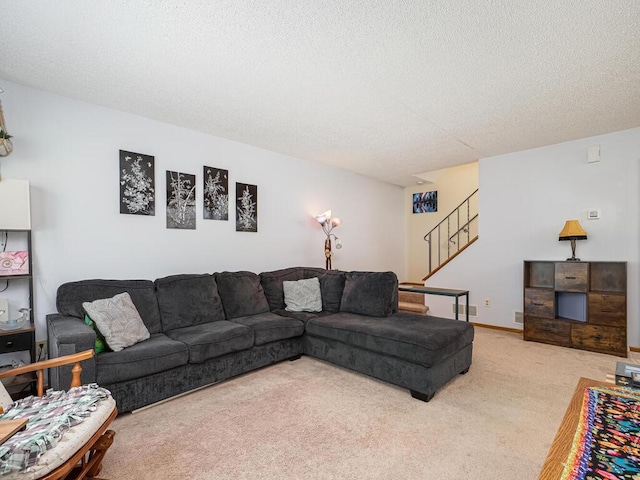 4237 Centerville Rd, Vadnais Heights, MN 55127 - carpeted living room with stairs and a textured ceiling