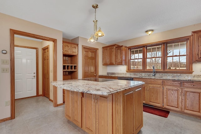 12114 260th St, Saint Cloud, MN 56301 - kitchen featuring a sink, light stone countertops, black electric cooktop, and a center island