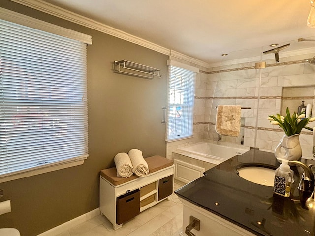 709 Riverside Dr N, North Hudson, WI 54016 - bathroom with a bath, a shower, marble finish floor, vanity, and ornamental molding