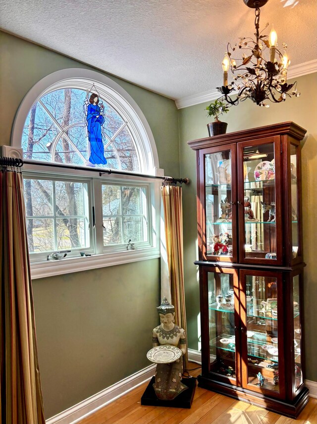 709 Riverside Dr N, North Hudson, WI 54016 - interior space with an inviting chandelier, a textured ceiling, ornamental molding, and wood finished floors