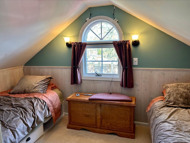 709 Riverside Dr N, North Hudson, WI 54016 - bedroom with lofted ceiling, wooden walls, carpet flooring, and wainscoting