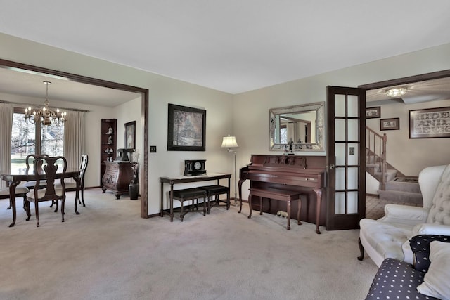 1317 Waterford Rd, Woodbury, MN 55125 - carpeted living room with a chandelier, stairway, and baseboards