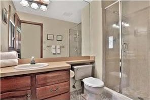1317 Waterford Rd, Woodbury, MN 55125 - bathroom featuring a shower stall, vanity, and toilet