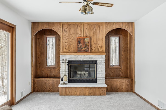 93 County 49 NW, Pine River, MN 56474 - unfurnished living room featuring a ceiling fan, carpet flooring, baseboards, and plenty of natural light