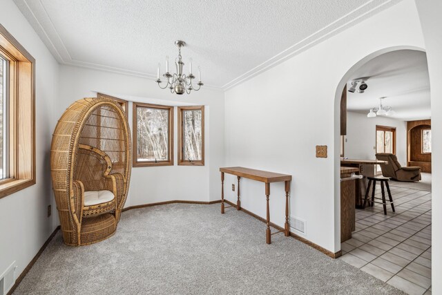 93 County 49 NW, Pine River, MN 56474 - living area featuring arched walkways, a chandelier, carpet flooring, a textured ceiling, and baseboards