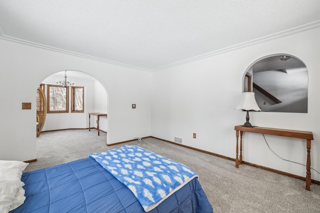 93 County 49 NW, Pine River, MN 56474 - carpeted bedroom featuring arched walkways, a chandelier, baseboards, crown molding, and a textured ceiling