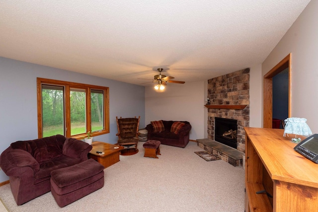 19988 Quentin Ave, Ravenna Twp, MN 55033 - living room featuring ceiling fan, a fireplace, carpet floors, and a textured ceiling