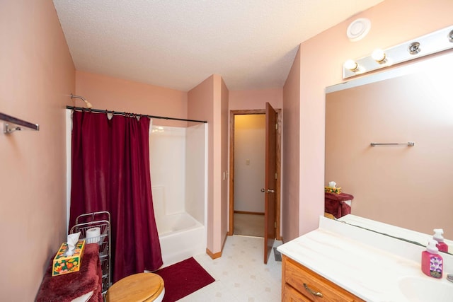 19988 Quentin Ave, Ravenna Twp, MN 55033 - full bath with tile patterned floors, shower / bath combo, vanity, a textured ceiling, and toilet