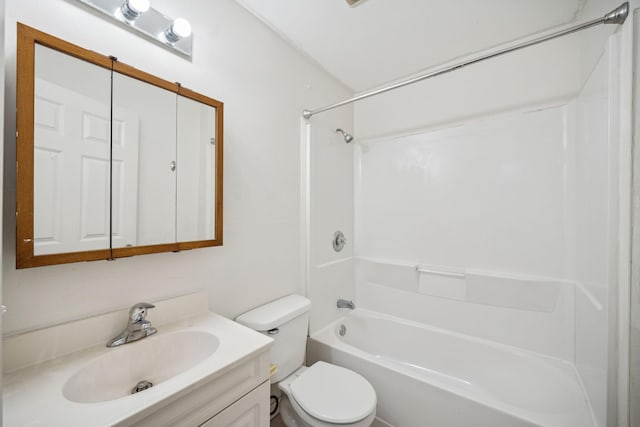 full bathroom with bathing tub / shower combination, vanity, and toilet